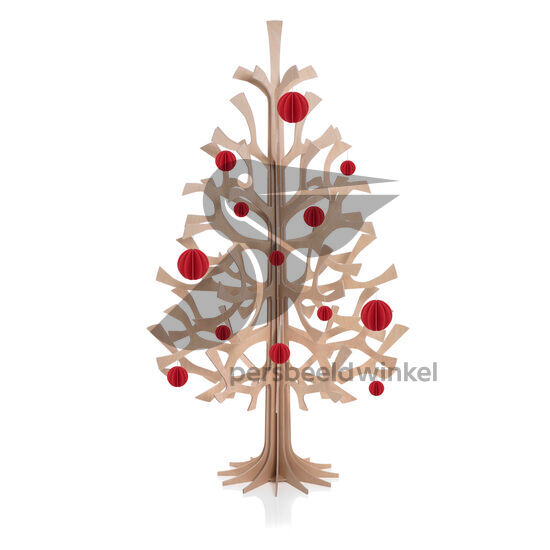 Houten kerstboom naturel met rode, houten kerstballen